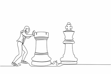Single continuous line drawing smart businesswoman push huge rook chess piece to beat king. Business strategy to winning market competition. Strategic move. One line graphic design vector illustration