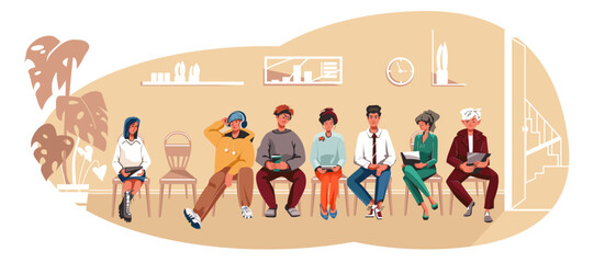 Young people are sitting on chairs in office and waiting for their turn for interview. Hr agency. Job hiring talents vacancy in company recruiter search employees. Vector illustration