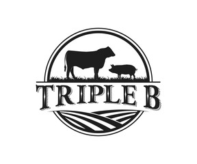 Livestock farm logo design. Animal Farm logo design. Cow and pork logo design. Cattle farm logo design