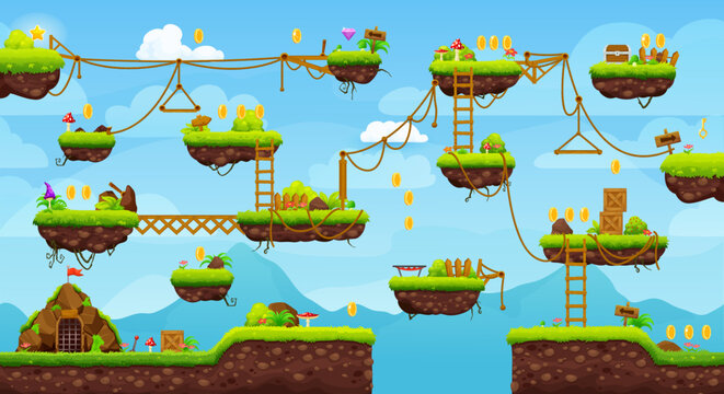 2d arcade game level map interface. Platform, stairs, coins, bonus and quest icons. Vector landscape with floating ground islands with grass, ropes and ladders in sky with clouds, adventure background