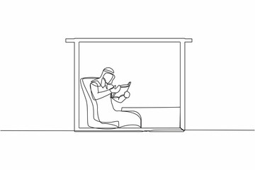 Continuous one line drawing Arab man sitting in chair reading classic literature book. Businessman reader. Sitting in armchair near window in living room. Single line draw design vector illustration