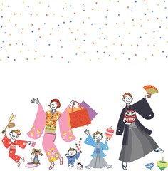 新年　祝う　家族　着物　縁起物
