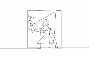 Continuous one line drawing young Arabian woman cleaning windows with glass cleaner tools. Washing windows with bucket, detergent, wet rag. Daily housework. Single line draw design vector illustration