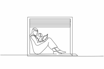 Single one line drawing Arabian man on windowsill with cup of hot coffee or tea, reading book. Stay at home. Enjoy atmosphere of day in window. Continuous line draw design graphic vector illustration