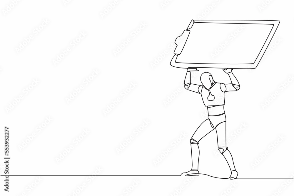 Poster continuous one line drawing tired robot carrying heavy clipboard on his back. busy robot with checkl