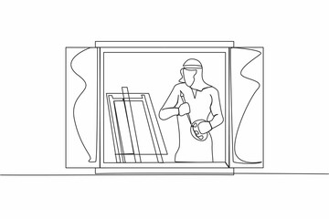 Continuous one line drawing Arab man painter drawing indoor near window. Male holding paint brush and palette, sketching on canvas. Artist painting at home. Single line draw design vector illustration