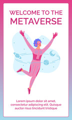 Metaverse digital technology concept. Woman in VR headset glasses and VR suit. Augmented reality cyber world simulation. Template for poster, cover, flyer, invitation, advertising, promo, stories