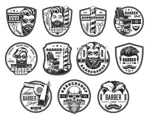 Barbershop icons, barber shop or vintage hair and beard man salon vector signs. Barbershop symbols with razor blade, skull and scissors, man haircut with beard and mustaches, rate stars and ribbons