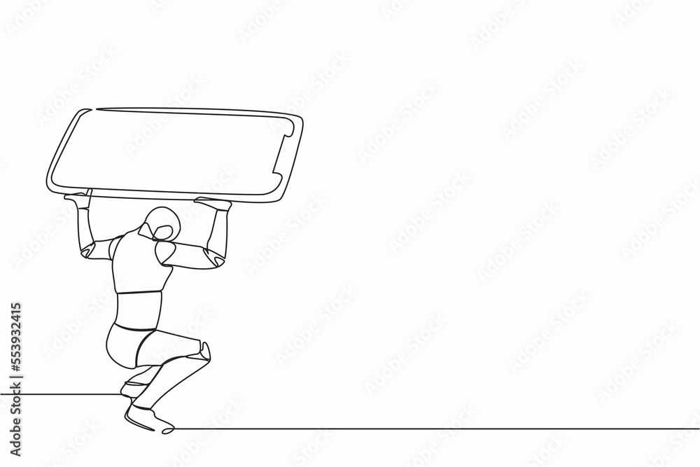 Poster continuous one line drawing tired robot carrying heavy smartphone on his back. frustration due to ov