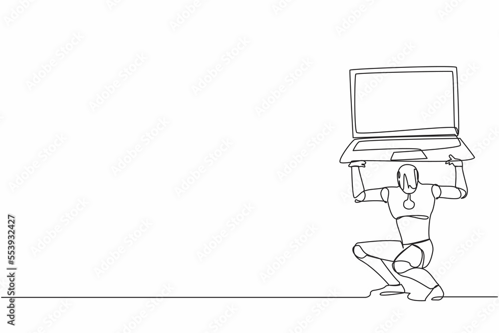 Poster single continuous line drawing of tired robot carrying heavy laptop computer on his back. fatigue or