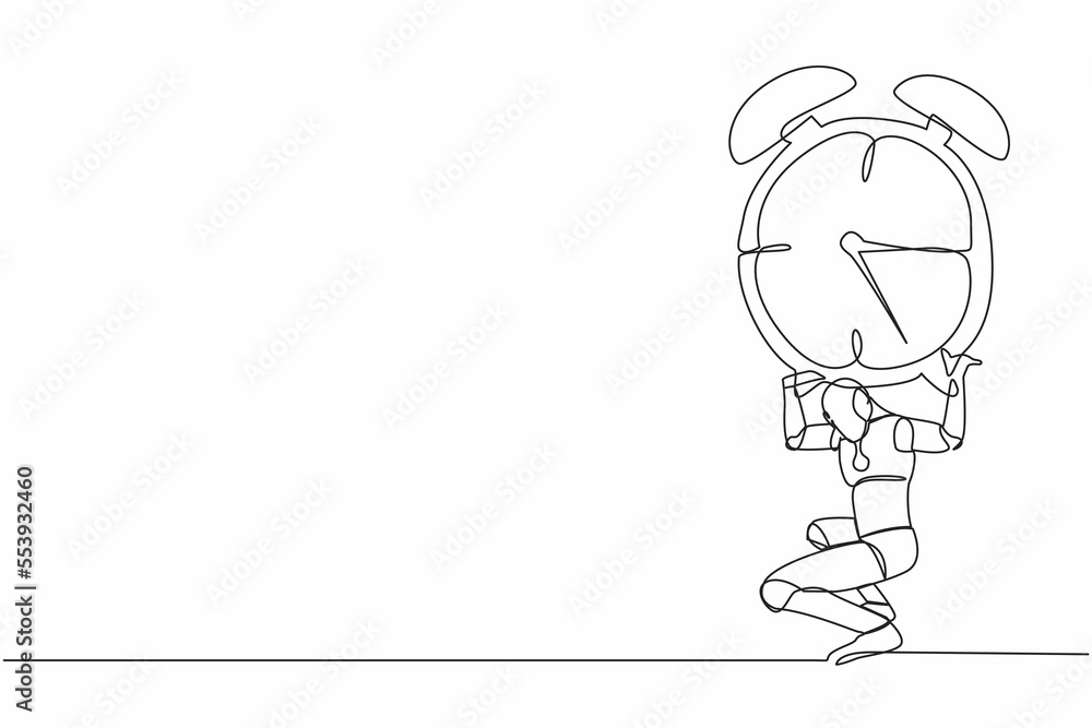 Poster single one line drawing tired robot carrying heavy alarm clock on his back. work pressure at tech bu
