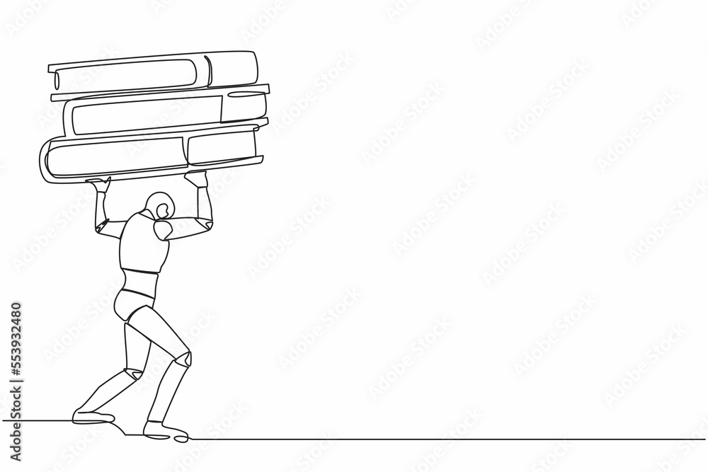 Poster continuous one line drawing tired robot carrying heavy pile paper folder on his back. cyborg cannot 