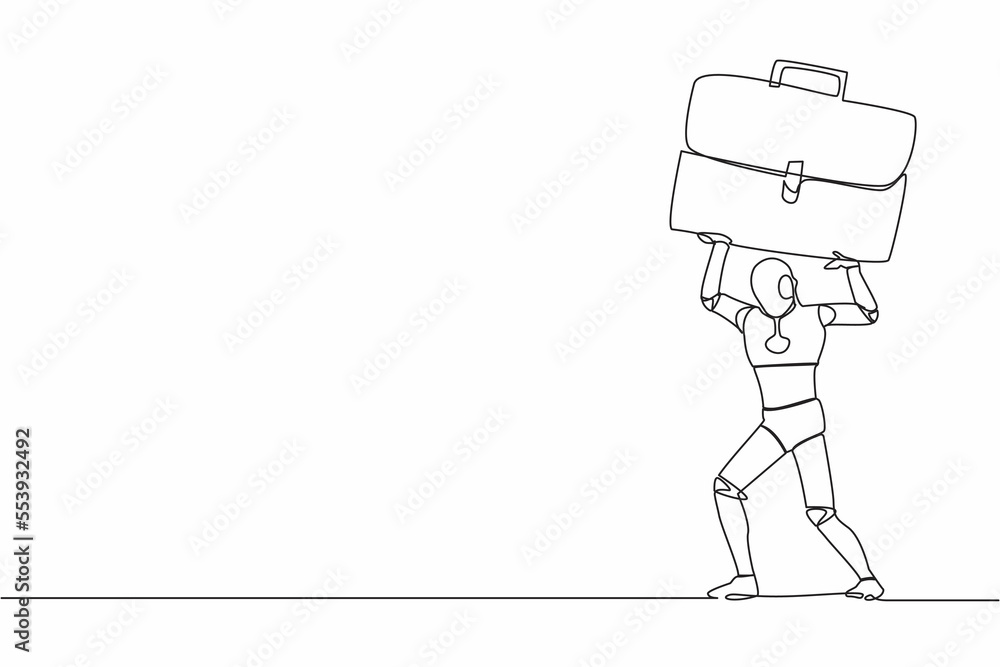 Poster single one line drawing of tired robot carrying heavy briefcase on his back. pressure from too much 