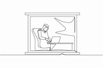 Single continuous line drawing Arab man working from home near window. Businessman sitting at desk and using laptop. Project management. Remote work or home office. One line draw graphic design vector