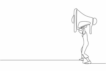 Single continuous line drawing Arabian businesswoman carrying heavy megaphone on her back. Conflict and trouble in communication. Bullying, harassment at work. One line draw design vector illustration