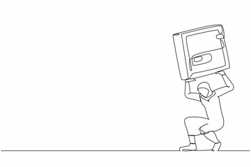 Continuous one line drawing Arab businesswoman carrying heavy safe deposit box on her back. Company with debt and bankruptcy. Money loss in pandemic crisis. Single line draw design vector illustration