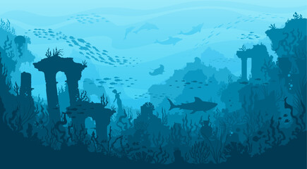 Underwater landscape, ancient city columns and temples, shark, manta and fish, vector sea background. Ocean deep water or undersea world with drowned Atlantis city ruins and coral reef silhouette - obrazy, fototapety, plakaty