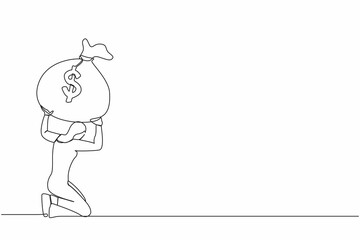 Continuous one line drawing Arab businesswoman carrying heavy money bag on her back. Finance crisis money fall down. Economic crash due to pandemic. Single line draw design vector graphic illustration