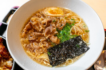 Shoyu ramen noodle with beef and egg - Japanese food style