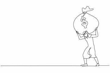 Single one line drawing Arabian businessman carrying heavy money bag on his back. Stressed entrepreneur loss money. Financial crisis due to pandemic. Continuous line graphic design vector illustration