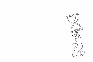 Continuous one line drawing Arabian businesswoman carrying heavy hourglass on her back. Unhappy office clerk has time management problems. Work overload. Single line design vector graphic illustration