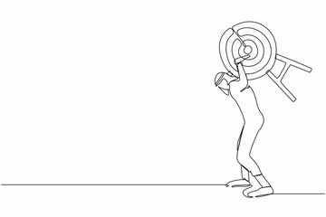 Single continuous line drawing Arabian businessman carrying heavy bullseye target on his back. Hard work achieve business mission. Exhausted challenge to win. One line draw design vector illustration