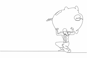 Single one line drawing frustrated businesswoman carrying heavy piggy bank on her back. Broke and financial problems concept. Searching money in crisis. Continuous line draw design vector illustration