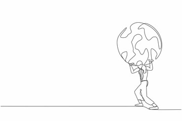 Single one line drawing of frustrated businesswoman carrying globe on her back. Industrial pollution, natural resources, earth exploitation. Economic crisis. Continuous line design vector illustration