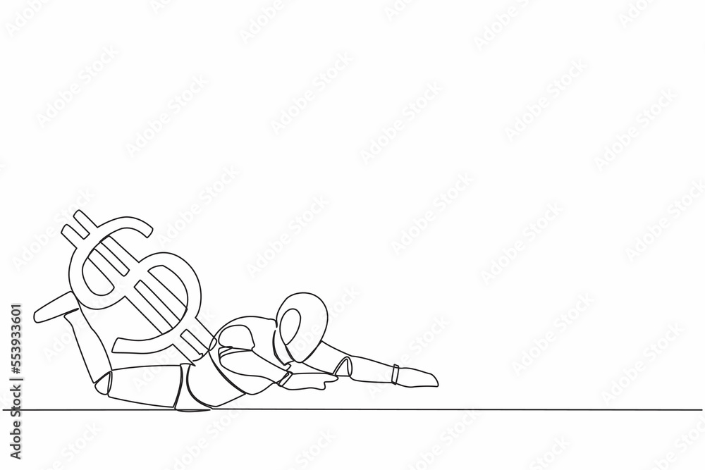 Aufkleber single one line drawing stressed robot under heavy dollar symbol burden. overworked robot in economi