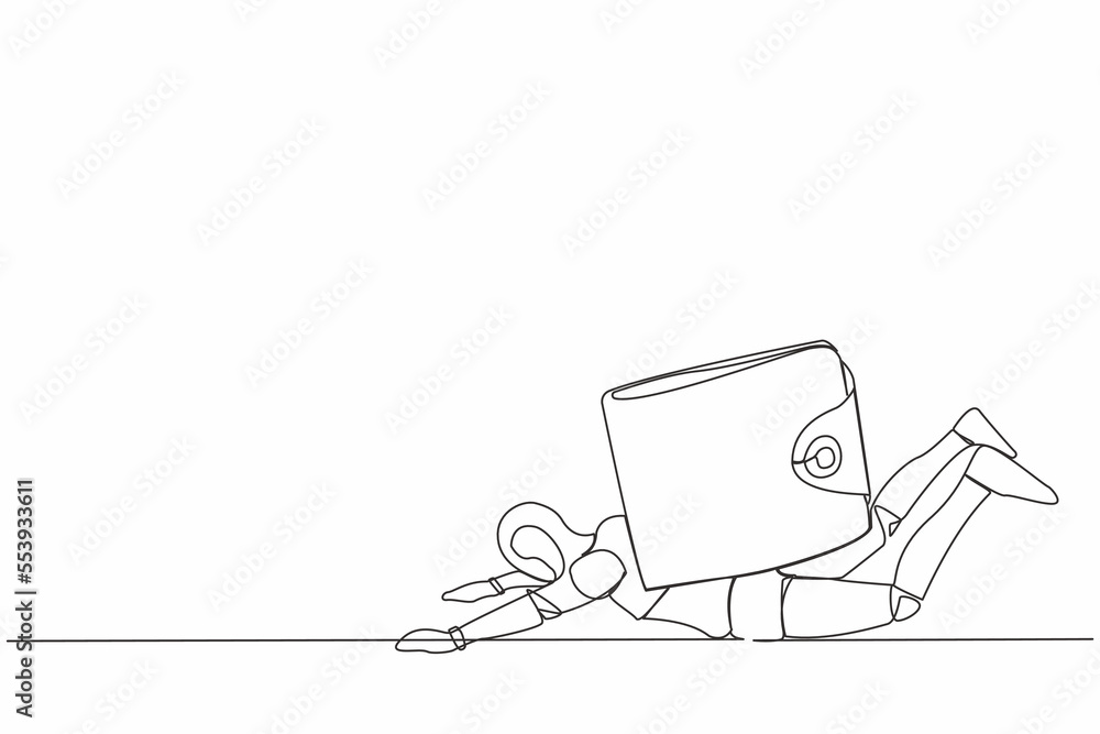 Poster single continuous line drawing stressed robot under heavy wallet burden. financial and economic cris