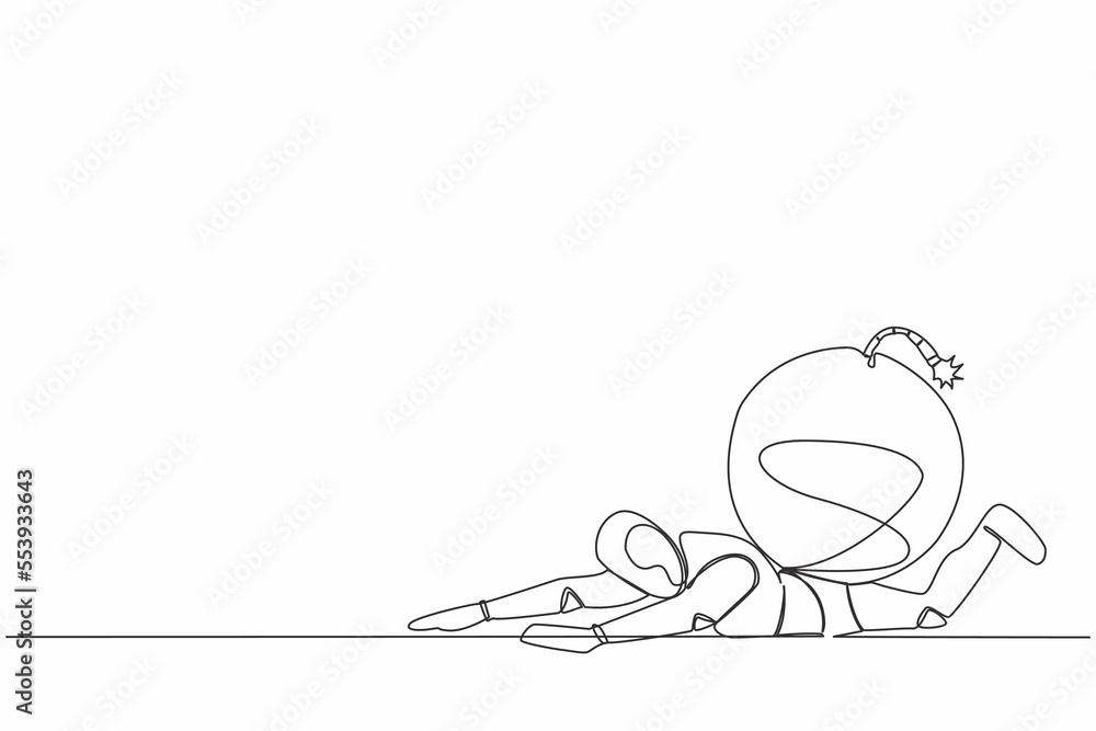 Poster single continuous line drawing stress robot under heavy bomb burden. robot in debt explosion. financ