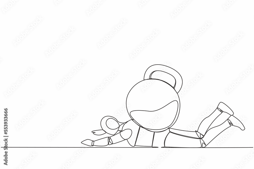 Poster single continuous line drawing stressed robot under heavy kettlebell burden. financial crisis and cr