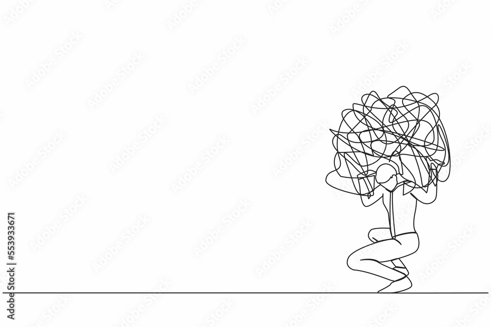 Poster single continuous line drawing exhausted businessman carrying heavy messy line on his back. anxiety 