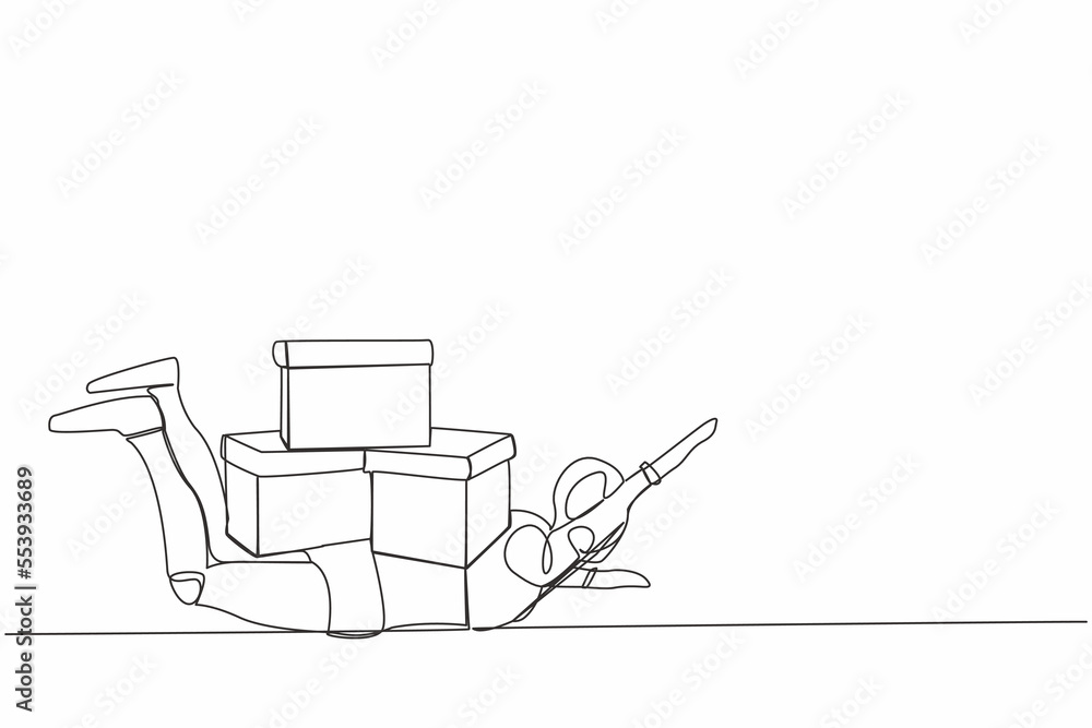 Poster continuous one line drawing stressed robot under heavy pile of box burden. overworked robot with sta