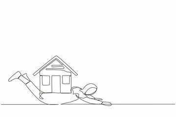 Continuous one line drawing Arabian businesswoman under heavy house burden. Financial mortgage, need pay taxes expenses. Bank loan. Lease, finance. Single line draw design vector graphic illustration