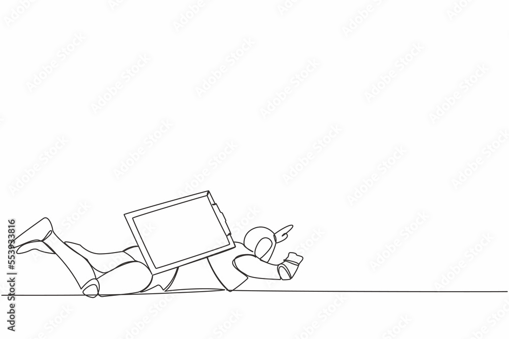 Poster Continuous one line drawing stress robot under heavy clipboard burden. Busy robot with checklist tasks document. Humanoid robot cybernetic organism. Single line draw design vector graphic illustration
