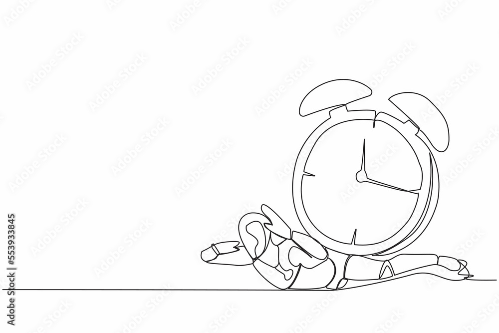 Poster single one line drawing stressed robot under heavy alarm clock burden. work pressure at tech busines