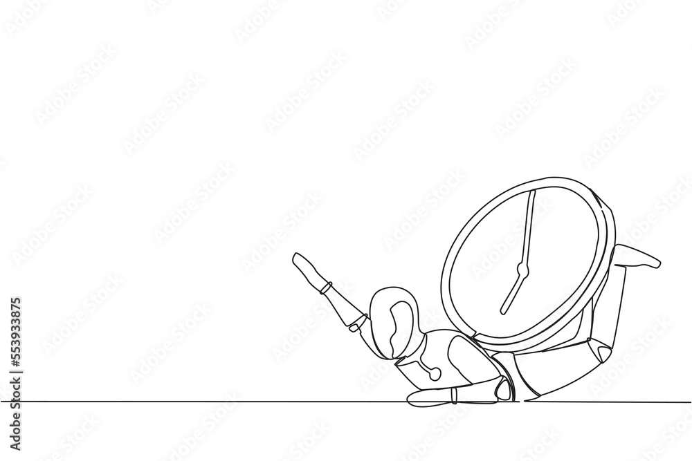 Poster single one line drawing stressed robot under heavy wall clock burden. robot work within deadline and