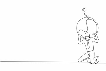 Single one line drawing exhausted businessman carrying heavy bomb on his back. Entrepreneur stress due to debt explosion. World economic crisis problem. Continuous line draw design vector illustration
