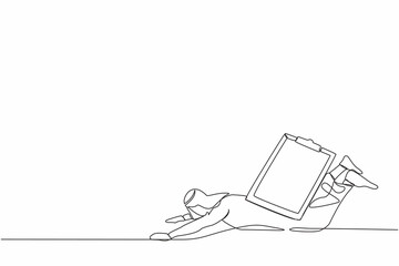 Single one line drawing Arab businessman under heavy clipboard burden. Busy work with checklist document, overworked from overload tasks. Modern continuous line draw design graphic vector illustration