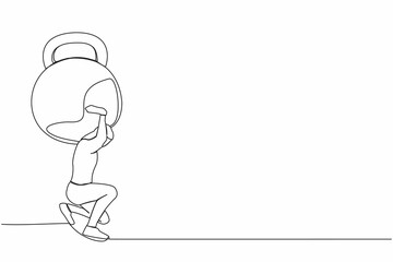 Single one line drawing exhausted businessman carrying heavy kettlebell on his back. Tension, heaviness in business life. Overwork, stress, time management. Continuous line design vector illustration