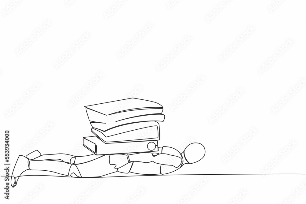 Poster single one line drawing stress robot under heavy pile paper folder burden. tired robot cannot cope w