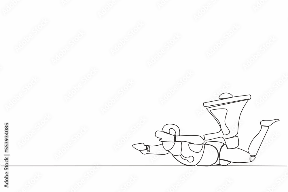 Poster continuous one line drawing stressed robot under heavy megaphone burden. conflict and trouble in fac