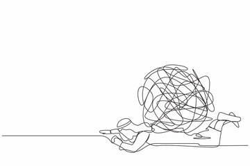 Single one line drawing Arab businessman under heavy messy line burden. Stress burden, anxiety from work difficulty, overload, economic crisis problem. Continuous line draw design vector illustration