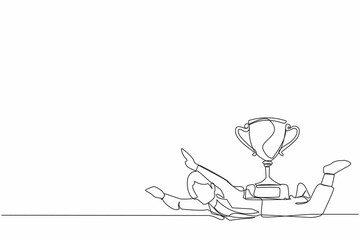 Single continuous line drawing unhappy businesswoman under heavy trophy burden. Office worker failed to win competition or business goals achievement. One line draw graphic design vector illustration