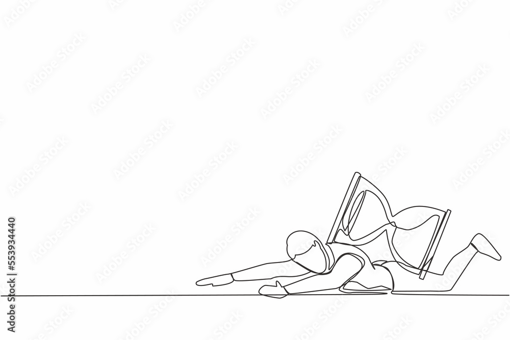 Poster single continuous line drawing of depressed businessman under heavy hourglass burden. unhappy office