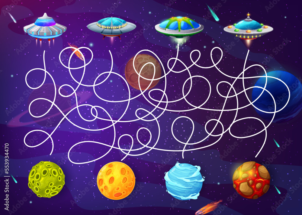 Poster cartoon space labyrinth, help ufo to find the planet maze game vector worksheet. kids education path