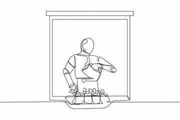 Single one line drawing robot watering flowers on the balcony. Home green garden, house plants growing. Robotic artificial intelligence. Technology industry. Continuous line design vector illustration