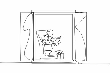 Continuous one line drawing robot sitting in chair and reading book. Sitting in armchair near window in living room. Humanoid robot cybernetic organism. Single line graphic design vector illustration