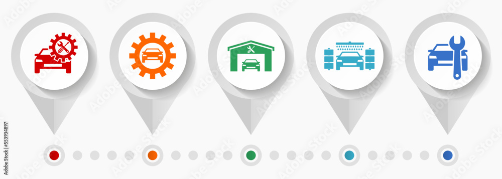 Poster car services vector icons, auto washing and workshop flat design web pointers collection, business c